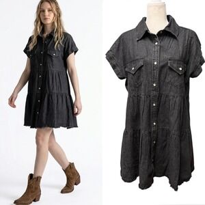 Womens M Denim Jean Shirt Dress Black Tier Short Sleeve Boho Western Pearl Snap